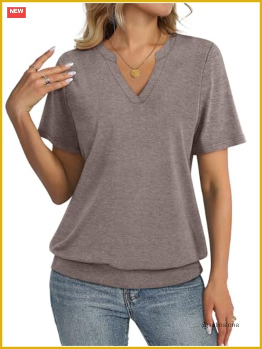 Women's V Neck Short Sleeve T-Shirt with Banded Bottom